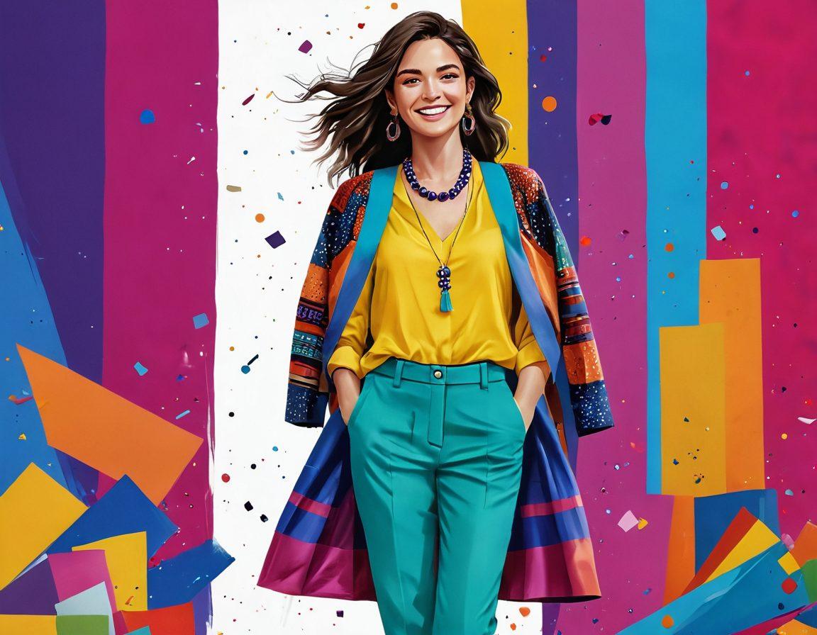 An elegant fashionista transforming her outfit from a simple, casual look to a vibrant, dazzling ensemble, filled with layers of colorful fabrics and sparkling accessories. The background features a joyful atmosphere with playful patterns and light. Include a mirror reflecting the transformation and confetti in the air to emphasize the celebratory theme. The colors should be dynamic and eye-catching, showcasing a sense of joy and positivity. digital painting. vibrant colors. lively background.
