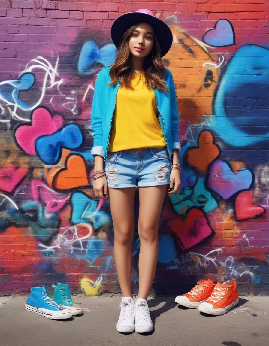 A vibrant teenage girl confidently showcasing a stylish outfit, surrounded by colorful fashion accessories like hats and shoes. The background features bright graffiti art, symbolizing creativity and individuality. Include playful elements like music notes and hearts floating around her, capturing a sense of joy and freedom. The overall tone should be energetic and youthful, with a focus on diverse fashion styles. super-realistic. vibrant colors.
