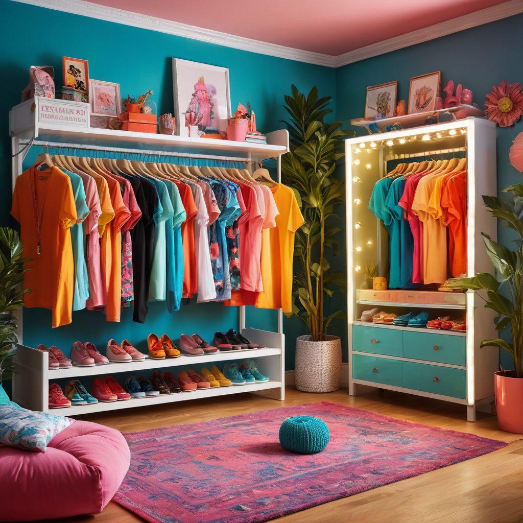 A lively scene showcasing a colorful wardrobe filled with trendy clothing, including bright t-shirts, funky accessories, and stylish shoes. Incorporate a cheerful teen trying on outfits in front of a full-length mirror, with vibrant decorations like posters and fairy lights in the background. The atmosphere should radiate joy and fashion-forwardness, inviting viewers into a world of youthful style. super-realistic. vibrant colors. vignette.